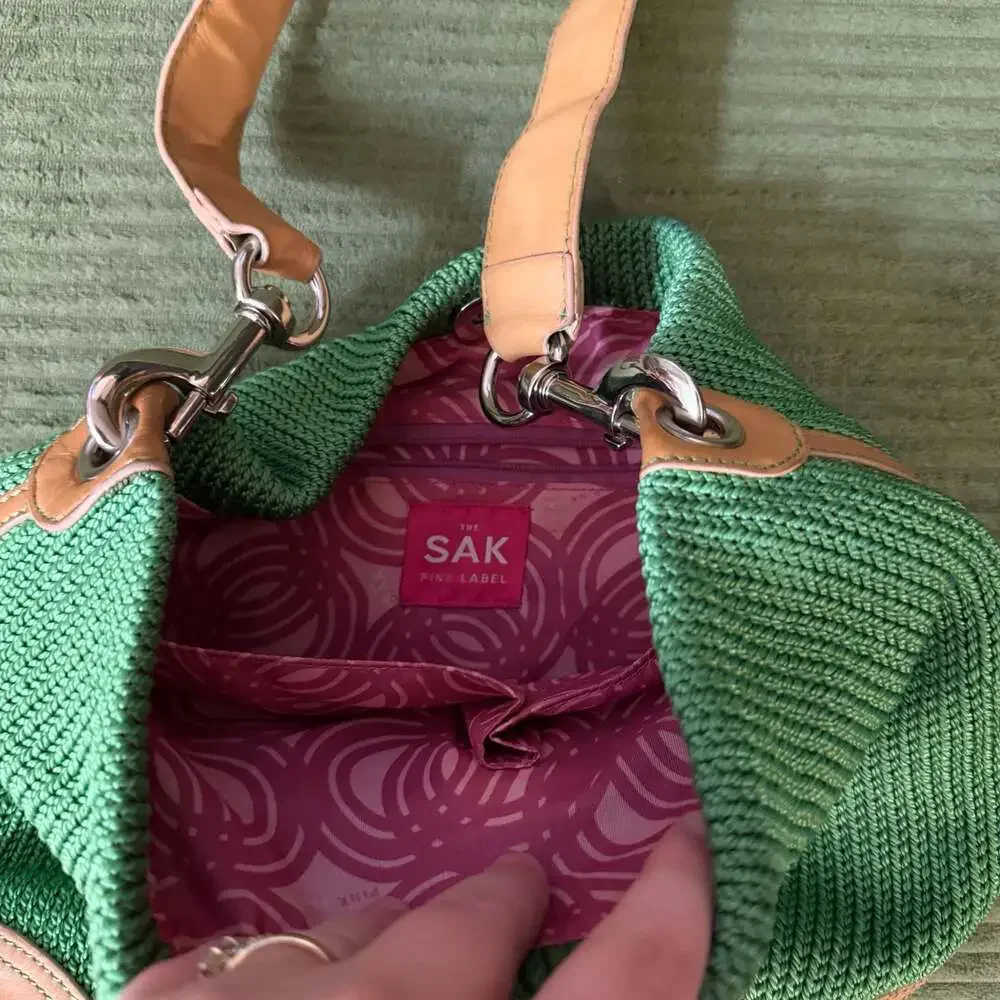 The Sak Pink Label Green Woven Shoulder Bag Rainbow Strap Y2K Kidcore